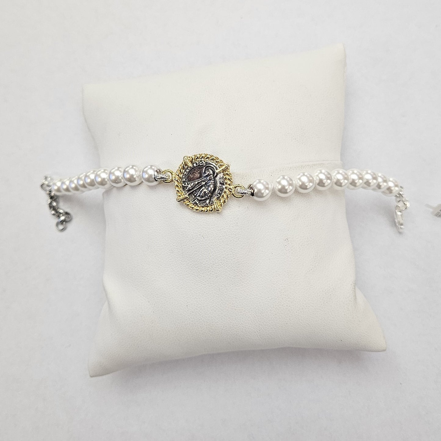 Bracciale Perle con moneta San Francesco di Paola centrale - BR.PP.SF.C  Amanthia Argento Dorato  
