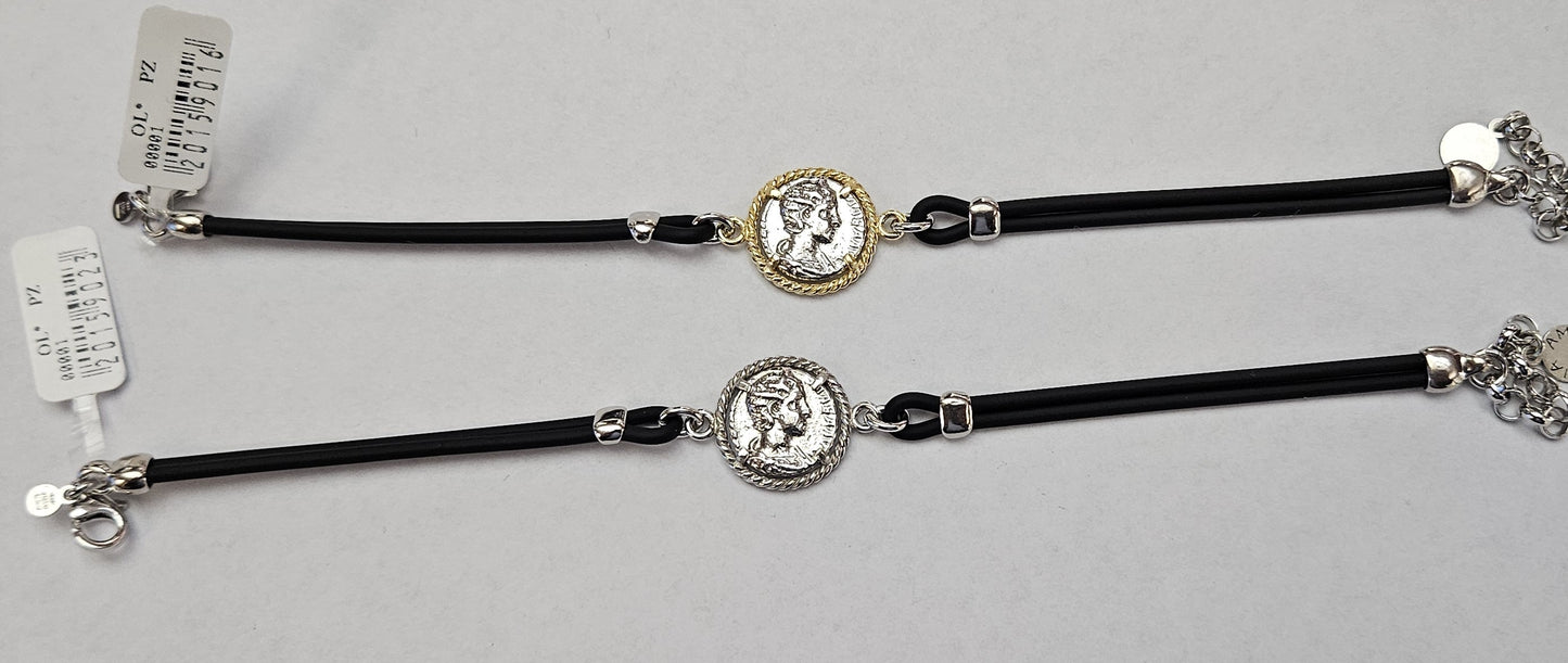 Bracciale caucciù 2 Fili con Moneta Centrale Argento 925 - BR.U.2 Amanthia