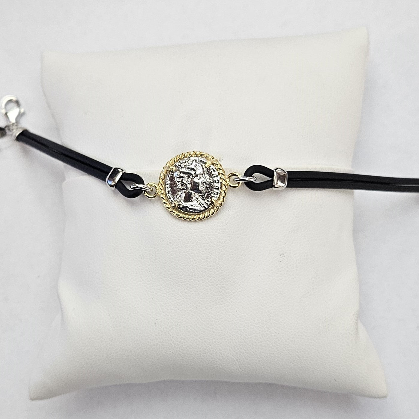 Bracciale caucciù 2 Fili con Moneta Centrale Argento 925 - BR.U.2 Amanthia Argento bicolore