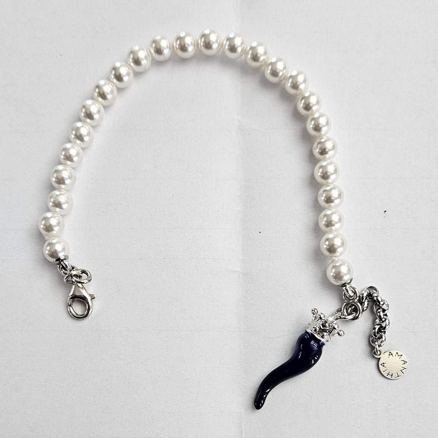 Bracciale perla con cornetto smalto blu e argento - BRPPCORBLU Amanthia