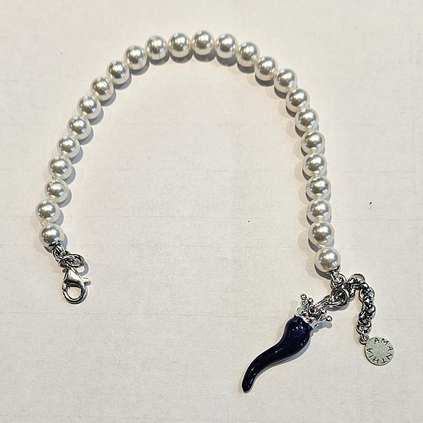Bracciale perla con cornetto smalto blu e argento - BRPPCORBLU Amanthia Argento bianco