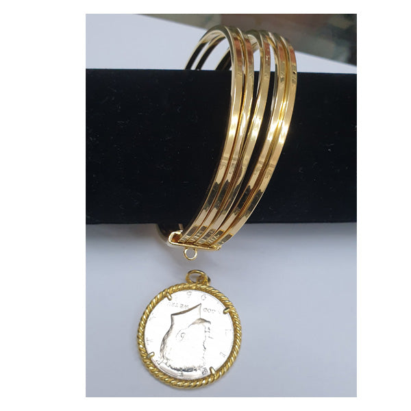 Bracciale rigido 5 fili in Argento dorato con moneta d'epoca - BR.015 Amanthia Dollaro Argento dorato