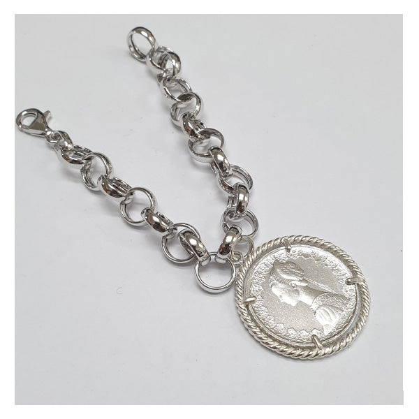Bracciale a catena con Moneta d’epoca in argento 925 - BR.120 Amanthia Castone bianco Lira