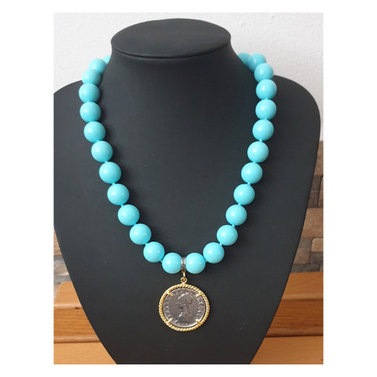 Collana Turchese con Moneta d’epoca in argento 925 - CP.08.50  Amanthia Castone dorato Lira