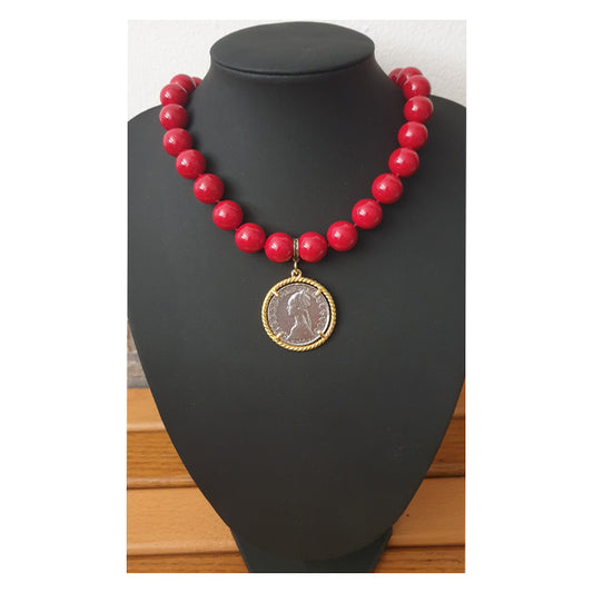 Collana Pasta Corallo con Moneta d’epoca in argento 925 - CP.19.50  Amanthia Castone dorato Lira