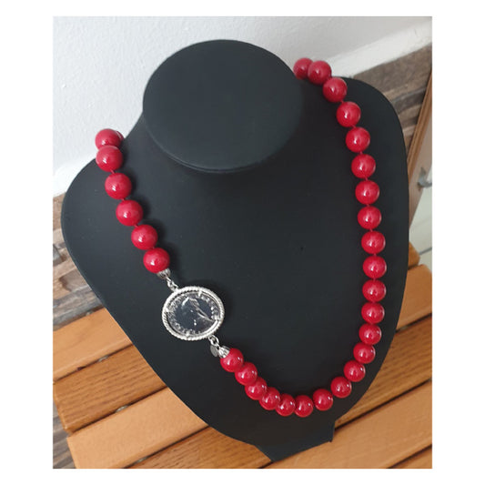 Collana Pasta Corallo con Moneta d’epoca in argento 925 - CP.19.70  Amanthia Castone bianco Lira