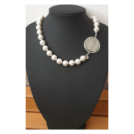Collana Perle con Moneta d’epoca in argento 925 - CP.33.10.1.50  Amanthia Castone bianco Lira