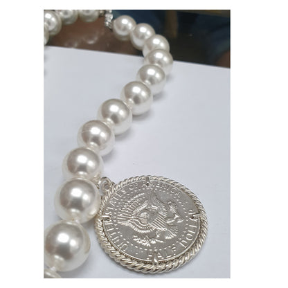 Collana Perle con Moneta d’epoca in argento 925 - CP.33.10.50  Amanthia Castone bianco Dollaro 