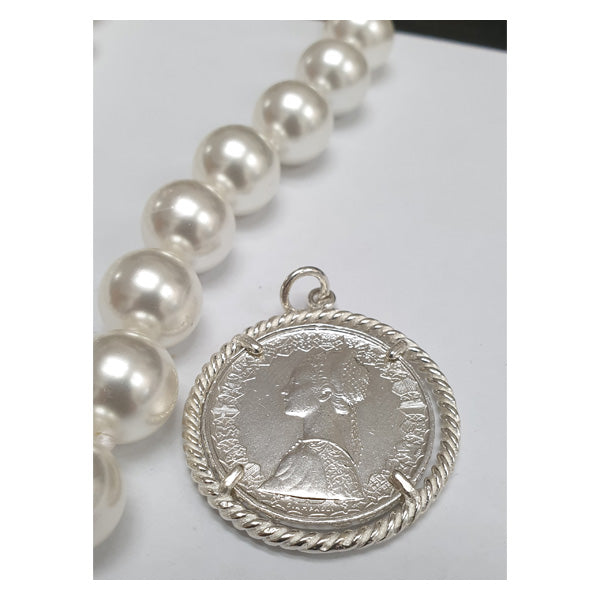 Collana Perle con Moneta d’epoca in argento 925 - CP.33.10.50  Amanthia Castone bianco Lira 