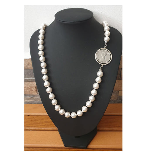 Collana lunga Perle con Moneta d’epoca in argento 925 - CP.33.10.70  Amanthia Castone bianco Lira
