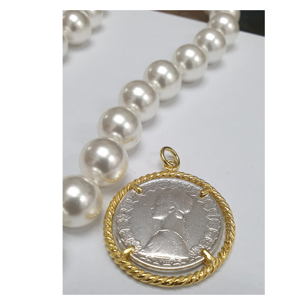 Collana lunga Perle con Moneta d’epoca in argento 925 - CP.33.10.70  Amanthia Castone dorato Lira 