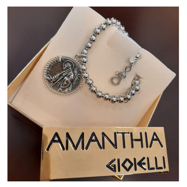 Bracciale sfere Argento con moneta San Francesco di Paola - BR.SF.04 Amanthia Castone Argento bianco