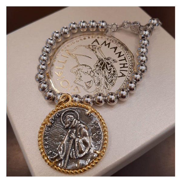 Bracciale sfere Argento con moneta San Francesco di Paola - BR.SF.04  Amanthia Castone Argento dorato  