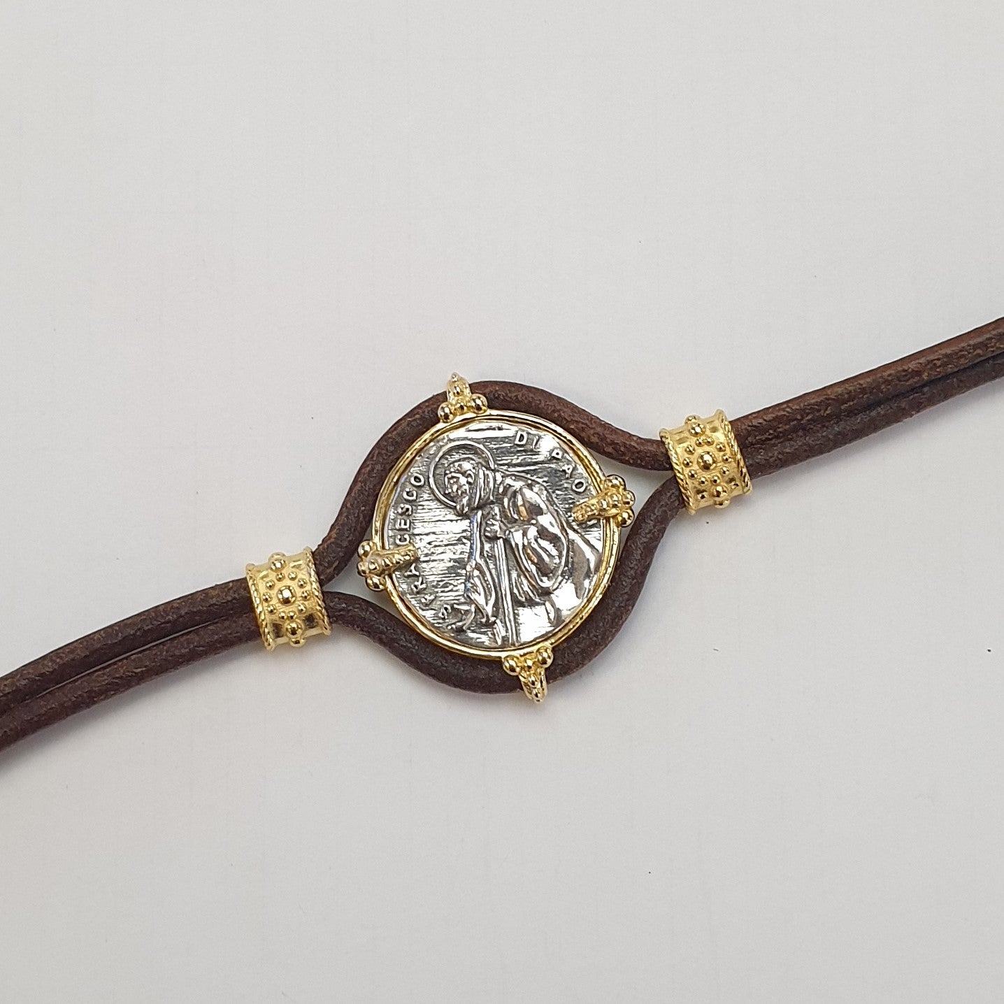 Bracciale Cuoio San Francesco di Paola in Argento - BR.SF.C Amanthia