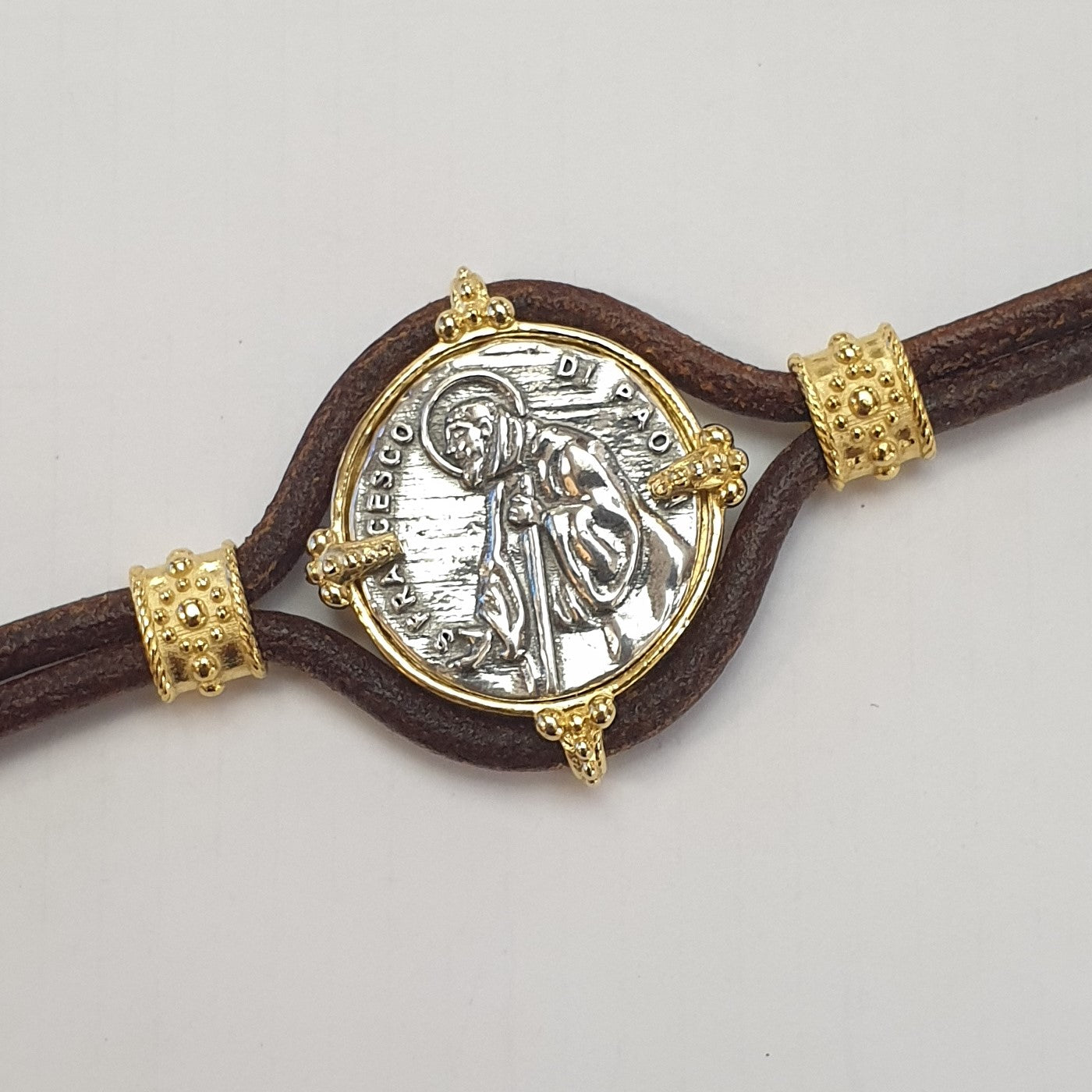 Bracciale Cuoio San Francesco di Paola in Argento - BR.SF.C  Amanthia Cuoio marrone BICOLORE 