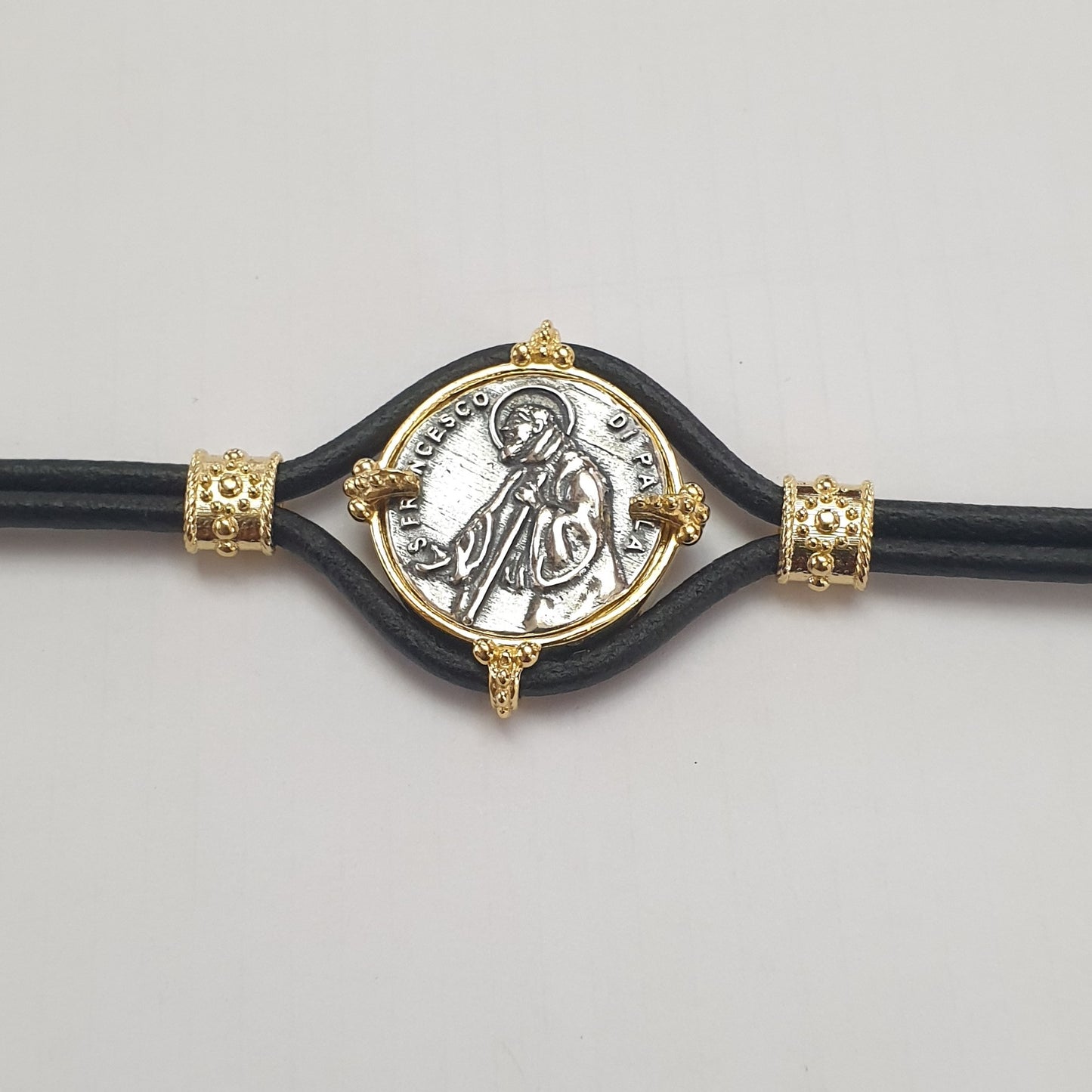 Bracciale Cuoio San Francesco di Paola in Argento - BR.SF.C  Amanthia Cuoio nero BICOLORE 