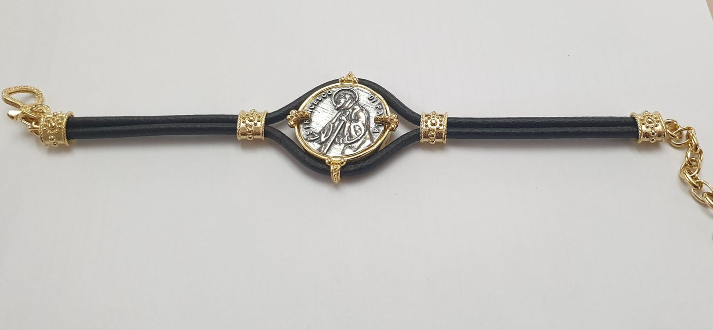 Bracciale Cuoio San Francesco di Paola in Argento - BR.SF.C Amanthia