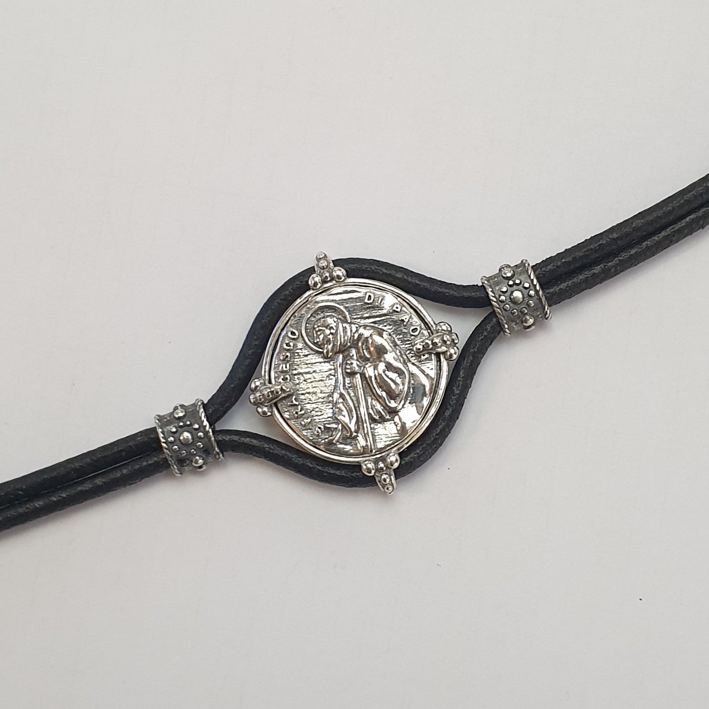 Bracciale Cuoio San Francesco di Paola in Argento - BR.SF.C Amanthia