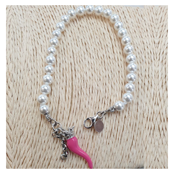 Bracciale perla con cornetto fuxia - BRPPCOFUX Amanthia Argento bianco
