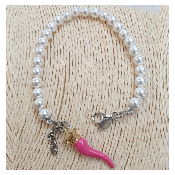 Bracciale perla con cornetto fuxia - BRPPCOFUX Amanthia Argento dorato