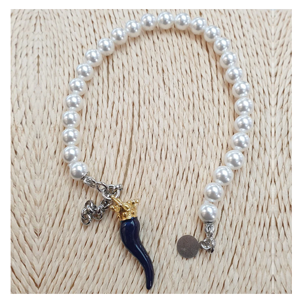 Bracciale perla con cornetto smalto blu e argento - BRPPCORBLU Amanthia Argento dorato