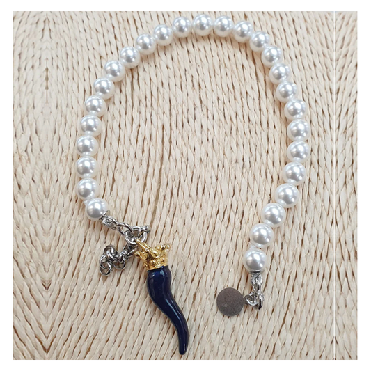 Bracciale perla con cornetto smalto blu e argento - BRPPCORBLU.DO  Amanthia Argento dorato  