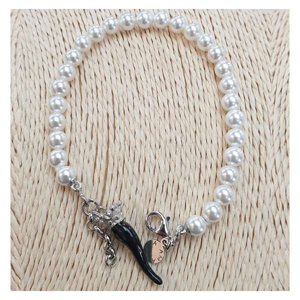 Bracciale perla con cornetto nero - BRPPCORNE Amanthia Argento bianco