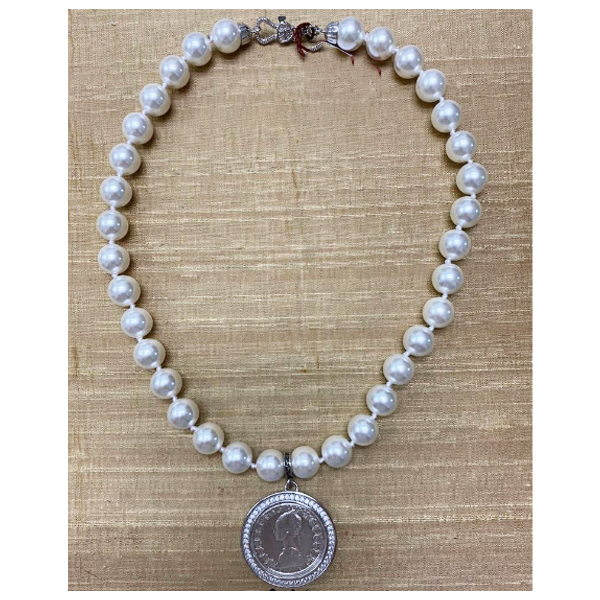 Collana Perle con Moneta d’epoca in argento 925 e Zirconi - CP.33.ZZ.50 Amanthia Dollaro