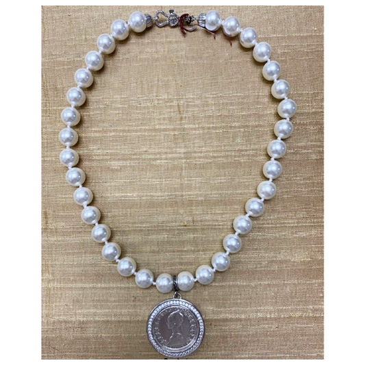 Collana Perle con Moneta d’epoca in argento 925 e Zirconi - CP.33.ZZ.50  Amanthia Dollaro