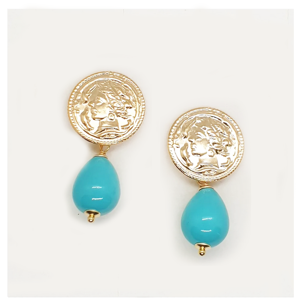 Orecchini argento pendenti con moneta e turchese a goccia piccola - OL.TU.GO Amanthia Argento dorato