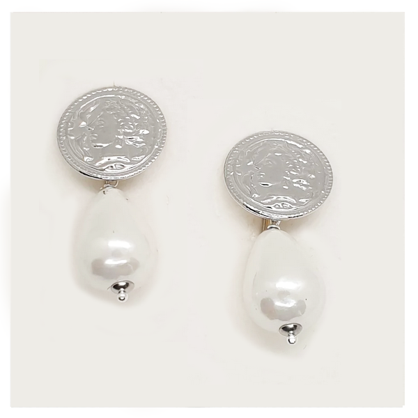 Orecchini argento pendenti con moneta e perla a goccia piccola - OL.PP.GO Amanthia Argento bianco