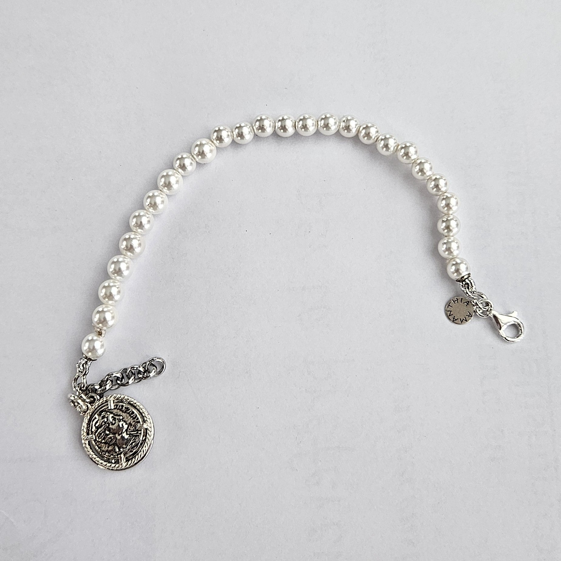 Bracciale perle con Moneta Argento - BR.105 Amanthia Castone bianco
