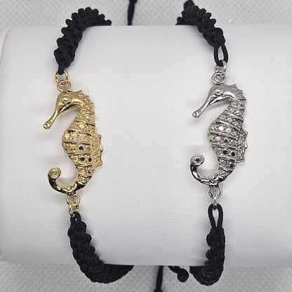 Bracciale  con Cavalluccio Marino Argento 925 Filo Intrecciato nero BR.NE.CAV