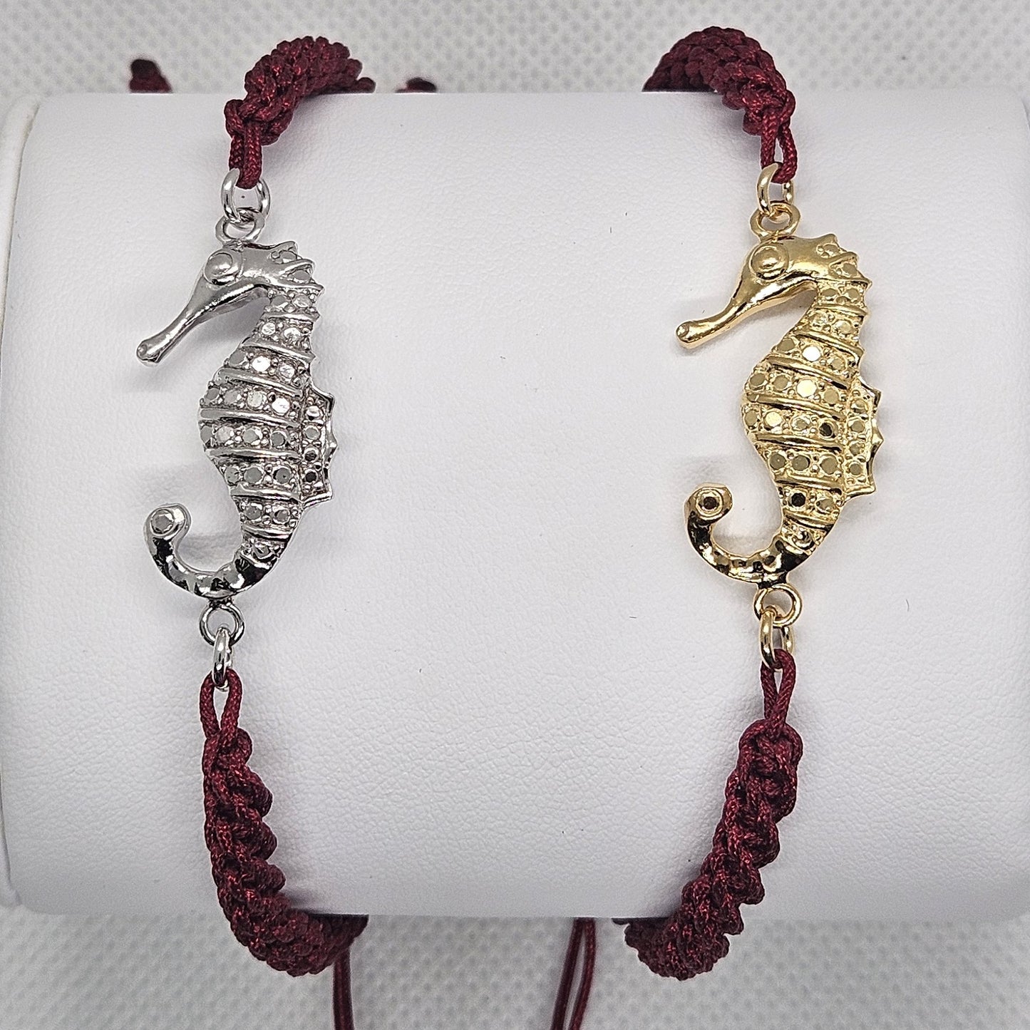 Bracciale  con Cavalluccio Marino Argento 925 Filo Intrecciato bordò  BR.RO.CAV