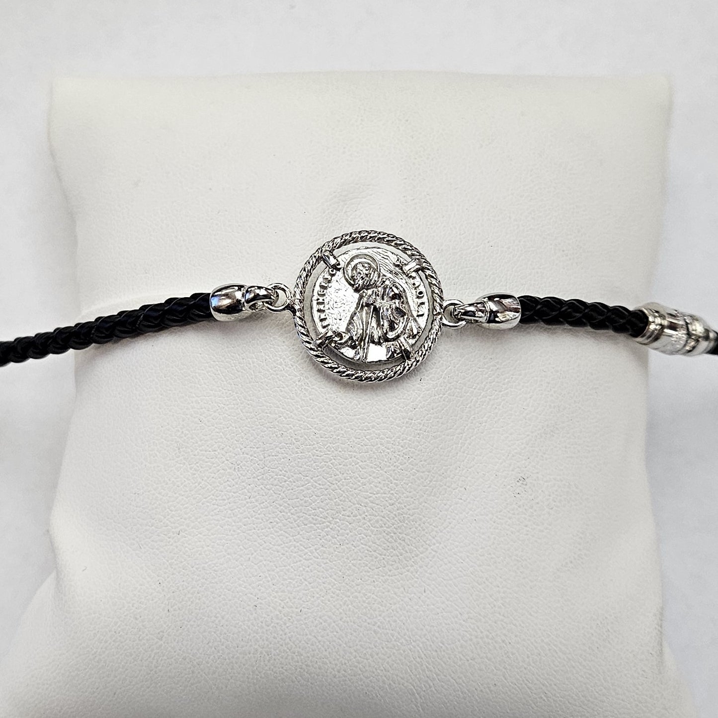 Bracciale Cordino Treccia San Francesco di Paola in Argento - BR.SF.TR  Amanthia Cuoio nero  
