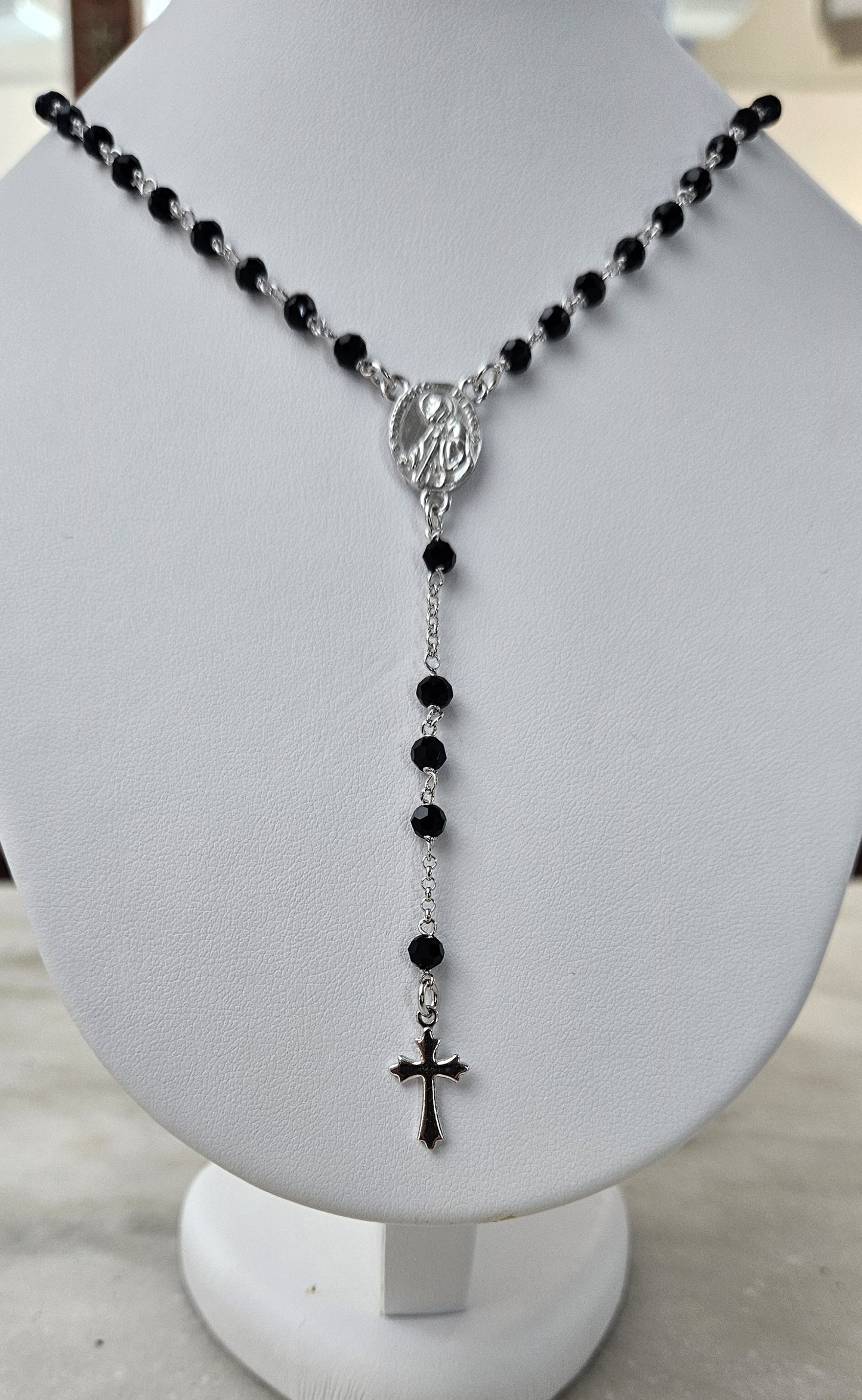 Collana Rosario San Francesco di Paola in Argento e Agata nera - CO.SF.NER Amanthia Argento bianco