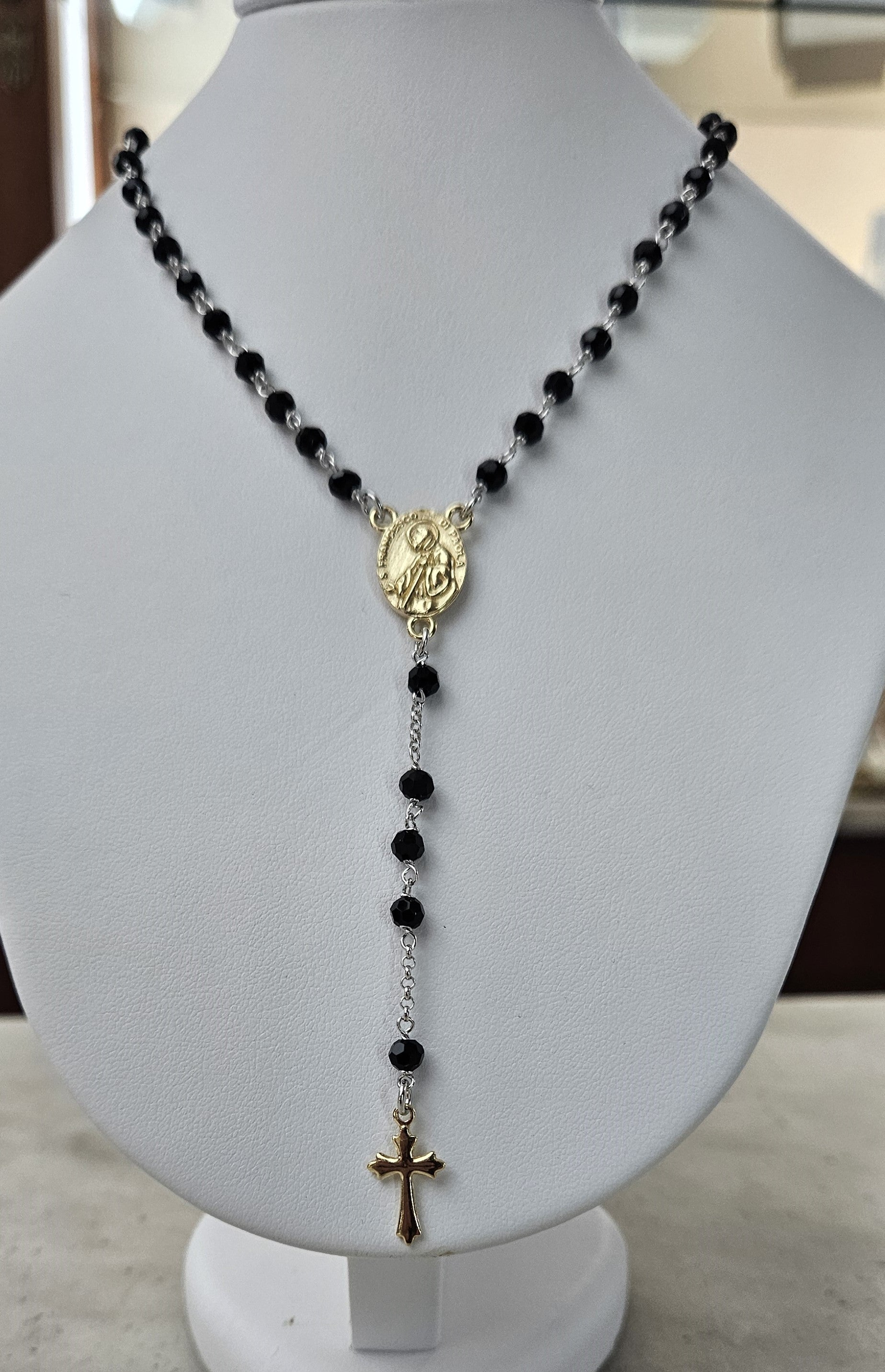 Collana Rosario San Francesco di Paola in Argento e Agata nera - CO.SF.NER Amanthia Argento dorato