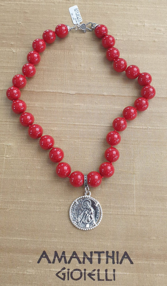 Collana pasta corallo con moneta San Francesco di Paola  Amanthia   