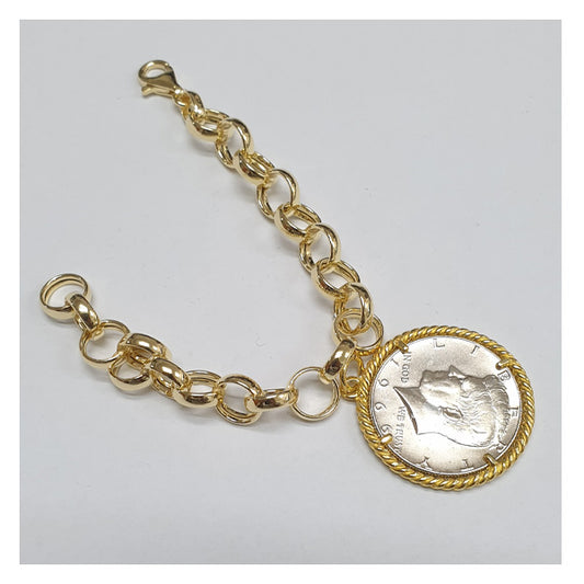 Bracciale a catena con Moneta d’epoca in argento 925 - BR.119  Amanthia Castone dorato Dollaro 