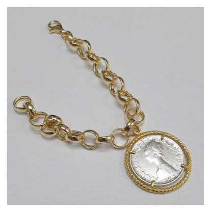 Bracciale a catena con Moneta d’epoca in argento 925 - BR.119  Amanthia Castone dorato Lira 