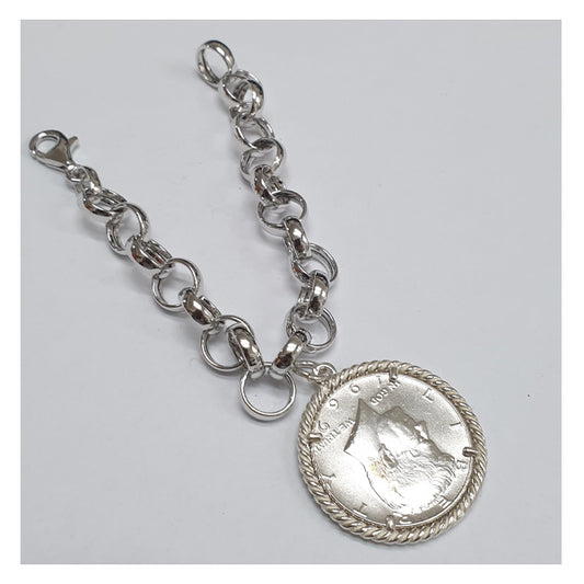 Bracciale a catena con Moneta d’epoca in argento 925 - BR.120  Amanthia Castone bianco Dollaro 