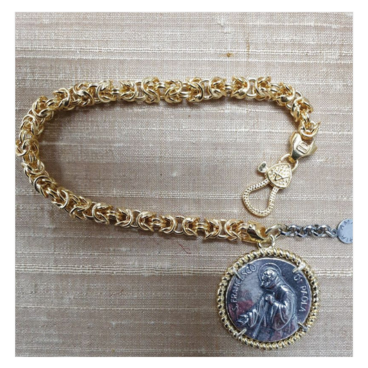 Bracciale Argento maglia Bizantina dorato con moneta San Francesco di Paola - BR.SF.001.D  Amanthia   