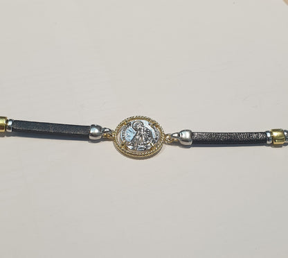 Bracciale Cordino Cuoio Piatto San Francesco di Paola in Argento - BR.SF.CP  Amanthia Cuoio nero BICOLORE 
