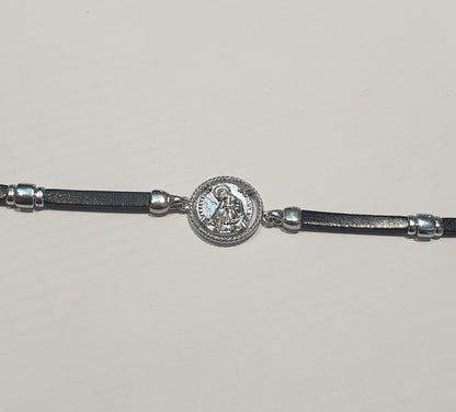 Bracciale Cordino Cuoio Piatto San Francesco di Paola in Argento - BR.SF.CP  Amanthia Cuoio nero ARGENTO 