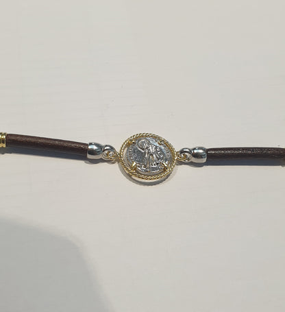 Bracciale Cordino Tondo San Francesco di Paola in Argento - BR.SF.CT  Amanthia Cuoio marrone BICOLORE 