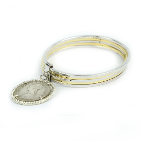 Bracciale rigido 5 fili Argento bicolore con moneta d'epoca - BR.011  Amanthia Lira Argento bianco 