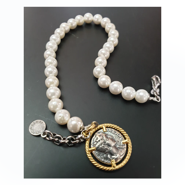 Bracciale perle con Moneta Argento - BR.105  Amanthia Castone dorato  