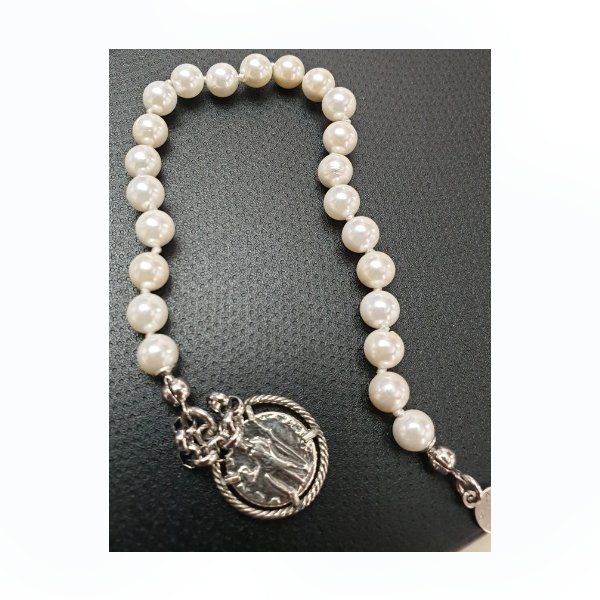 Bracciale perle con Moneta Argento - BR.105  Amanthia Castone bianco  