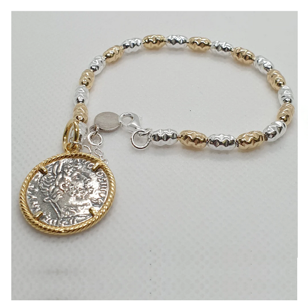 Bracciale Chicchi di riso martellati con Moneta in Argento - BR19.89  Amanthia Argento Bicolore  
