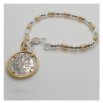 Bracciale Chicchi di riso martellati con Moneta in Argento - BR19.89  Amanthia Argento Bicolore  